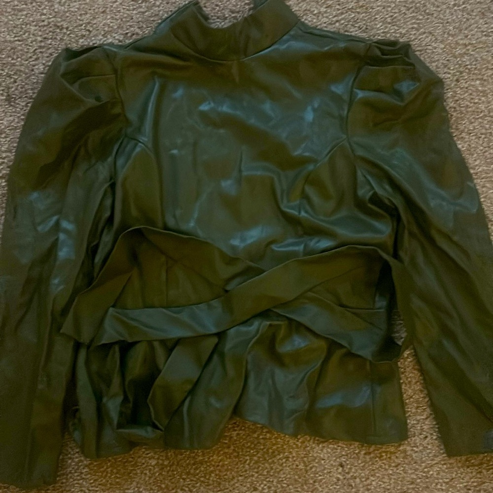 Green faux leather baby doll shirt with waist tie